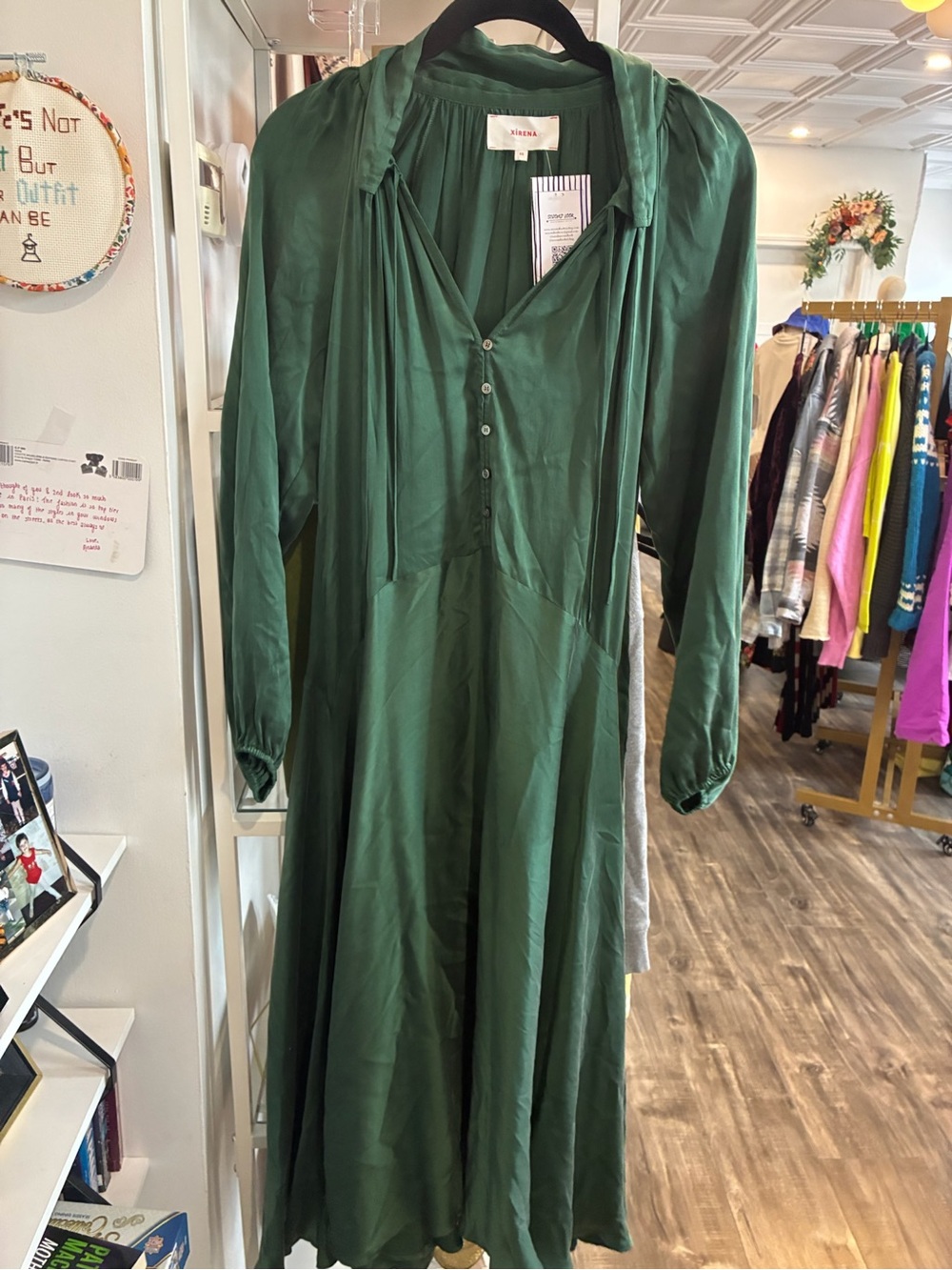XiRENA Forest Green Long Sleeve silk Midi Dress